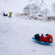 A boy sleds down a hill